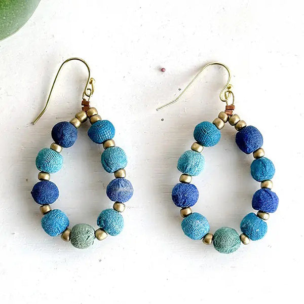 Blue Sari Bead Hoop Earrings