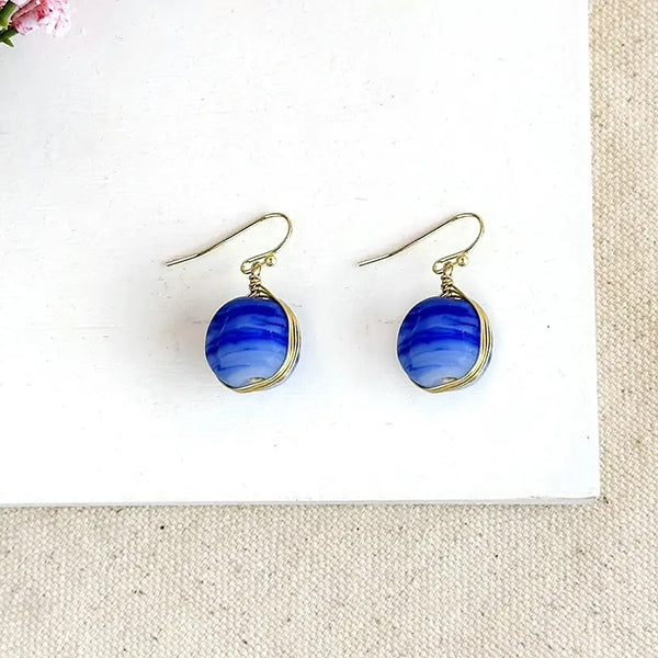 Dark Blue Marble Sphere Earrings