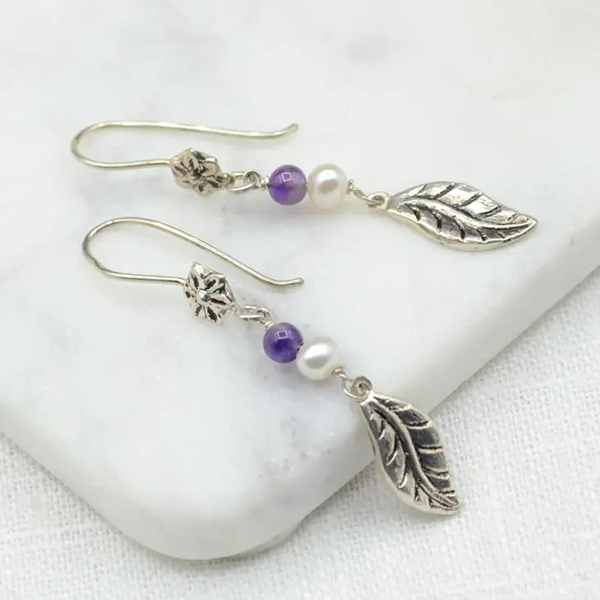 Amethyst & Pearl Leaf Earrings