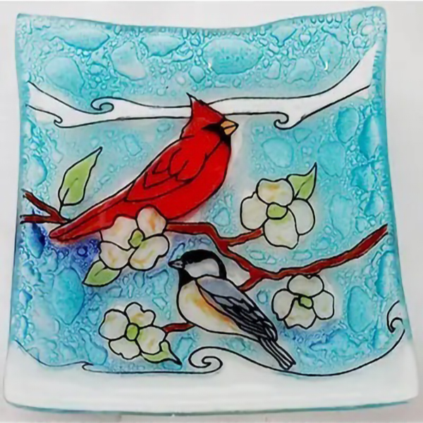 Cardinal & Chickadee Fused Glass Dish
