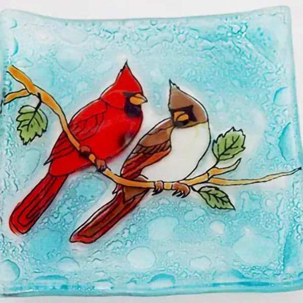 Cardinal Couple Fused Glass Dish