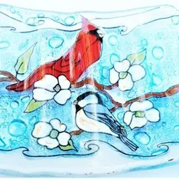 Cardinal and Chickadee Fused Glass Soapdish