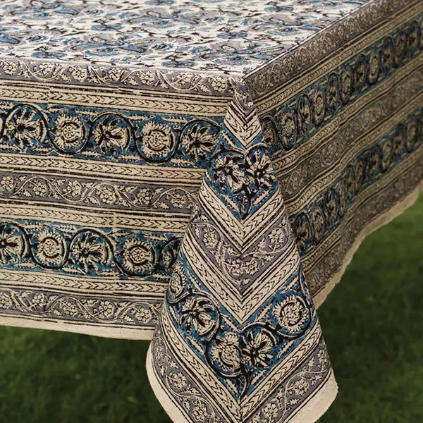 Blue & Silver Kalamkari Block Print Tablecloth