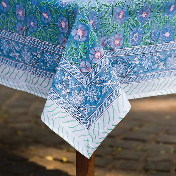 Sage & Blue Block Print Tablecloth