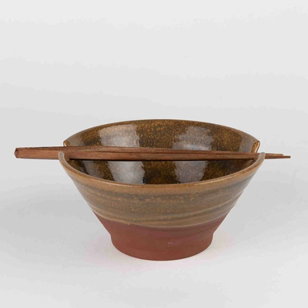 Brown Stoneware Bowl with Chopsticks
