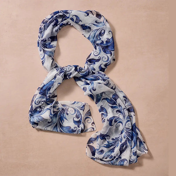 Blue Floral Chiffon Scarf