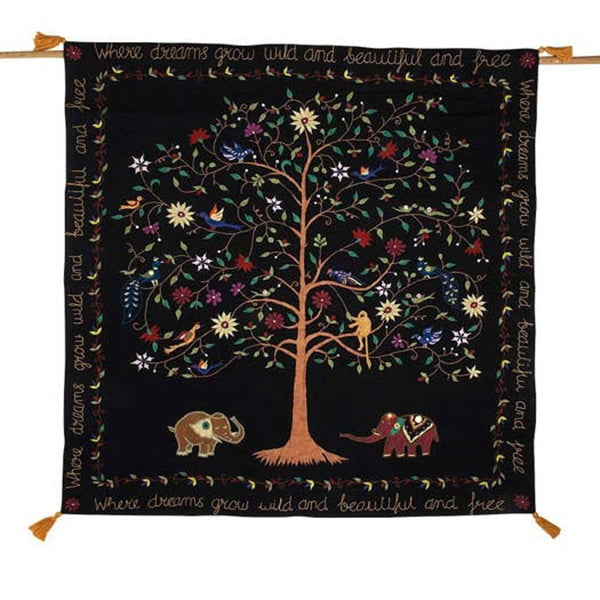 Black Tree of Life Embroidered Wall Hanging (with border text)
